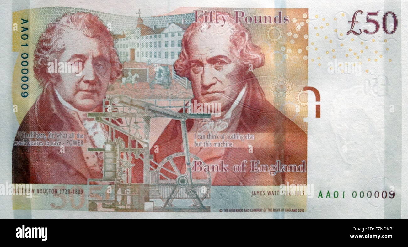 Porträts von Matthew Boulton und James Watt auf einer 2011 britische fünfzig Pfund-Banknote. Stockfoto