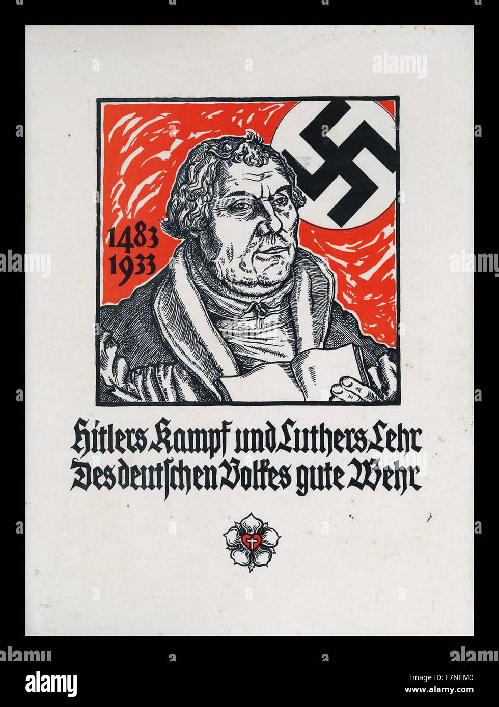 Hitlers Kampf Und Luthers Lehr Des Deutschen Zeit Gute Wehr (Hitlers Kampf und Luthers Lehre bieten, sind die beste Verteidigung für das deutsche Volk) Nazi-Propaganda-Plakat 1933 Stockfoto
