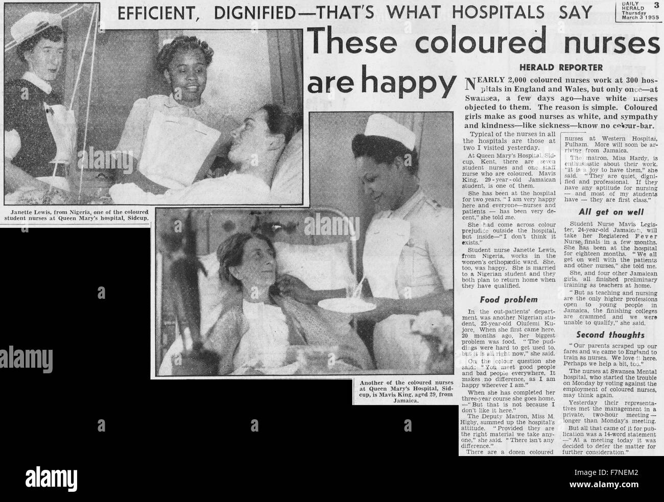 Zeitung Artikel mit farbigen Krankenschwestern des National Health Service. Datiert 1955 Stockfoto