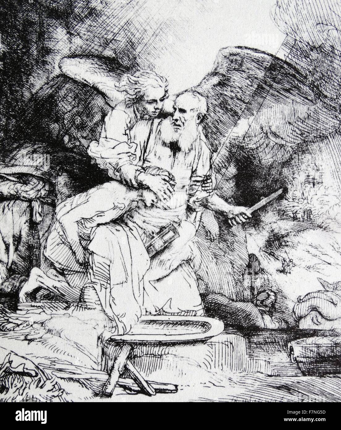 Das Opfer Abrahams (Radierung). Rembrandt (1606-1669) betont Abrahams Horror an, was er glaubt, er bestellt wurde und seine betäubt, Relief an der Unterbrechung dieses Moment des Schreckens durch das Gesicht des Engels. Rembrandts Gemälde "Der Opferung Isaaks" in der Eremitage hängt. Vom 1635. Stockfoto