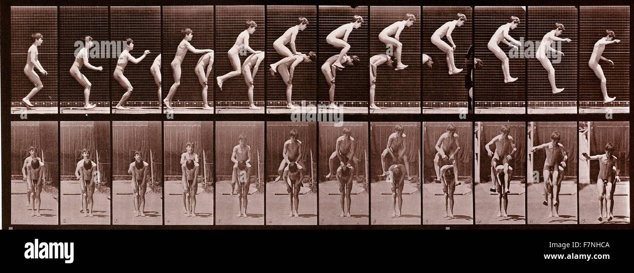 Springen über des jungen Rücken (Leap-Frog); Bestandteil der Animal Locomotion-Serie von Fotografien von Eadweard Muybridge, 1887 Stockfoto