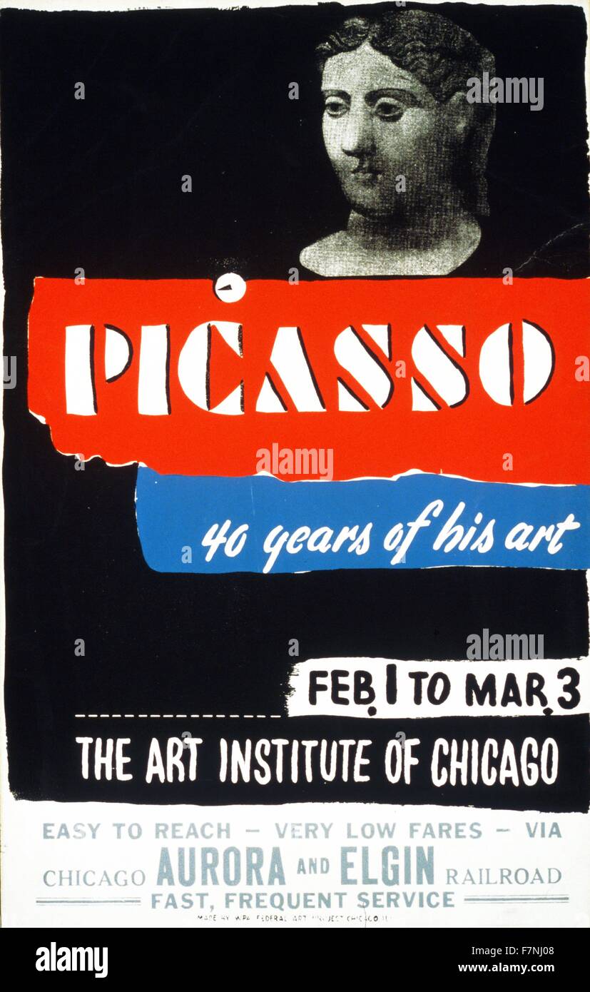 Plakat zur Ausstellung der Kunst von Pablo Picasso 1. Februar bis zum 3. März im Art Institute of Chicago. Stockfoto