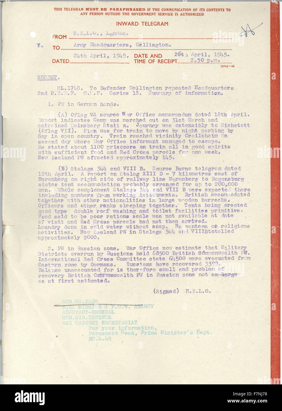 Zweiter Weltkrieg-Telegramm aus militärischen Vertreter der New Zealand in London, Armee HQ in Wellington, Neuseeland, New Zealand Kriegsgefangene in Deutschland betreffend. 1945 Stockfoto