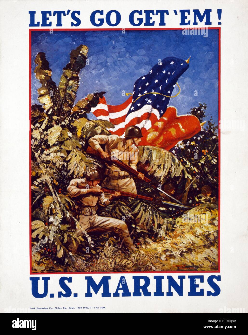 Lass uns sie bekommen! US-Marines / Guinness, Kapitän, USMC. 1942-Plakat zeigt Marines tragen Gewehre mit Bajonetten und Flaggen in einem Dschungel.  Weltkrieg zwei amerikanische propaganda Stockfoto