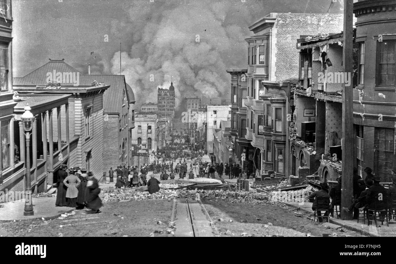San Francisco Fire. Blick auf Schäden in Sacramento Street nach dem Erdbeben von 1906 Stockfoto