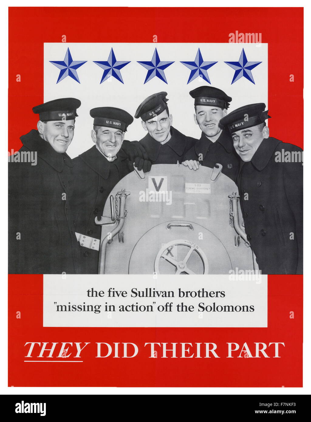 Patriotischen amerikanischen Krieg Poster über fünf Brüder vermisst im Pazifik, während Zweiter Weltkrieg. 1943 Stockfoto