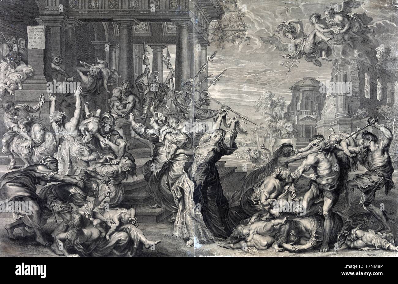 Drucken Sie das Massaker der unschuldigen sortiert nach Herodes, aus Sicht des 17. Jahrhunderts zeigen. Stockfoto