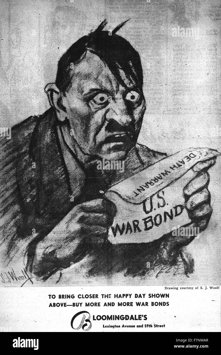 patriotische amerikanische Propaganda-Plakat während Zweiter Weltkrieg, Adolf Hitler darstellen veröffentlicht Stockfoto