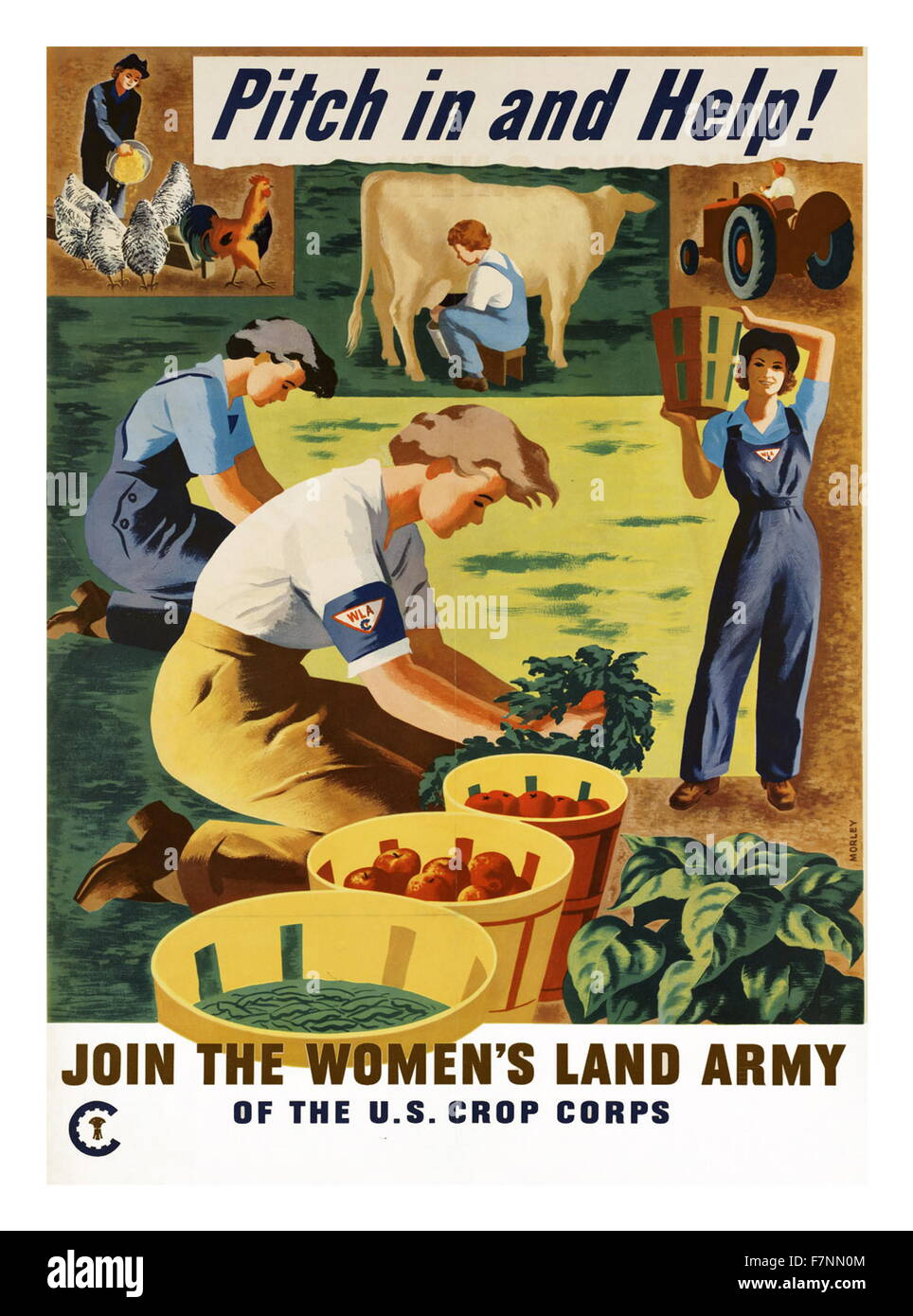 Propagandaplakat aus dem zweiten Weltkrieg die Bedeutung der Unterstützung der Kriegsanstrengungen durch Beitritt der Frauen Landarmee Werbung. Stockfoto