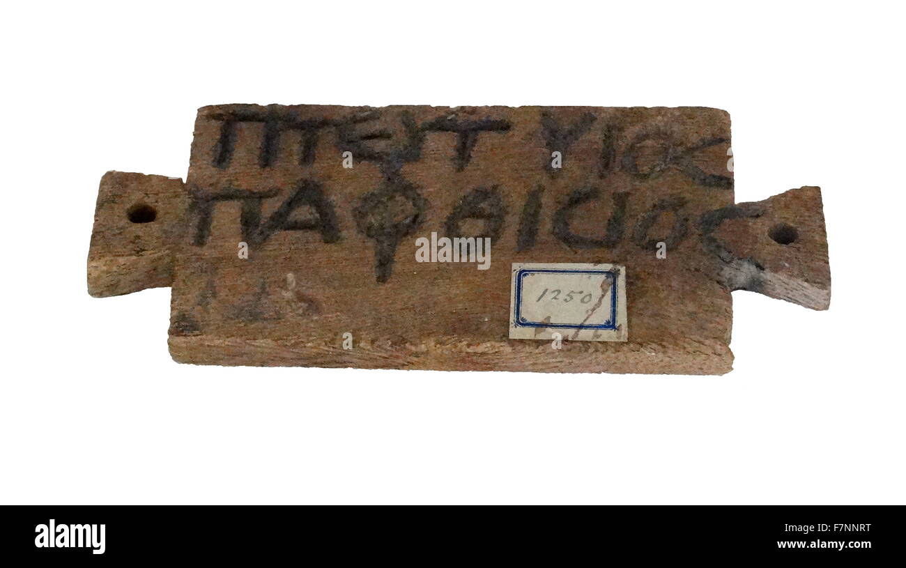 Ägyptische aus Holz-Tag mit griechischer Inschrift. 250 n. Chr. datiert Stockfoto