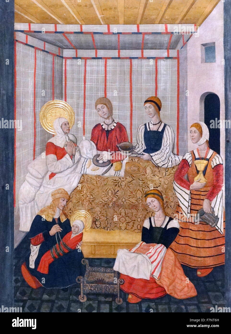 Workshop von Pedro García de Benabarre (1445-1485). Geburt der Jungfrau Maria; Malerei; ca. 1475. Tempera, Stuckreliefs und Blattgold auf Holz Stockfoto