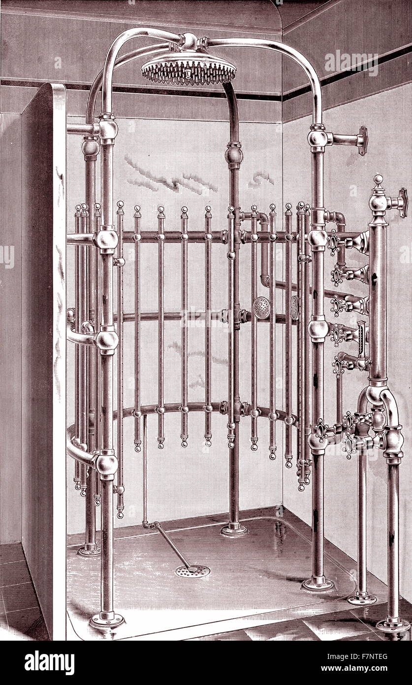 Foto von einem antiken Duschsystem. Datiert 1929 Stockfoto