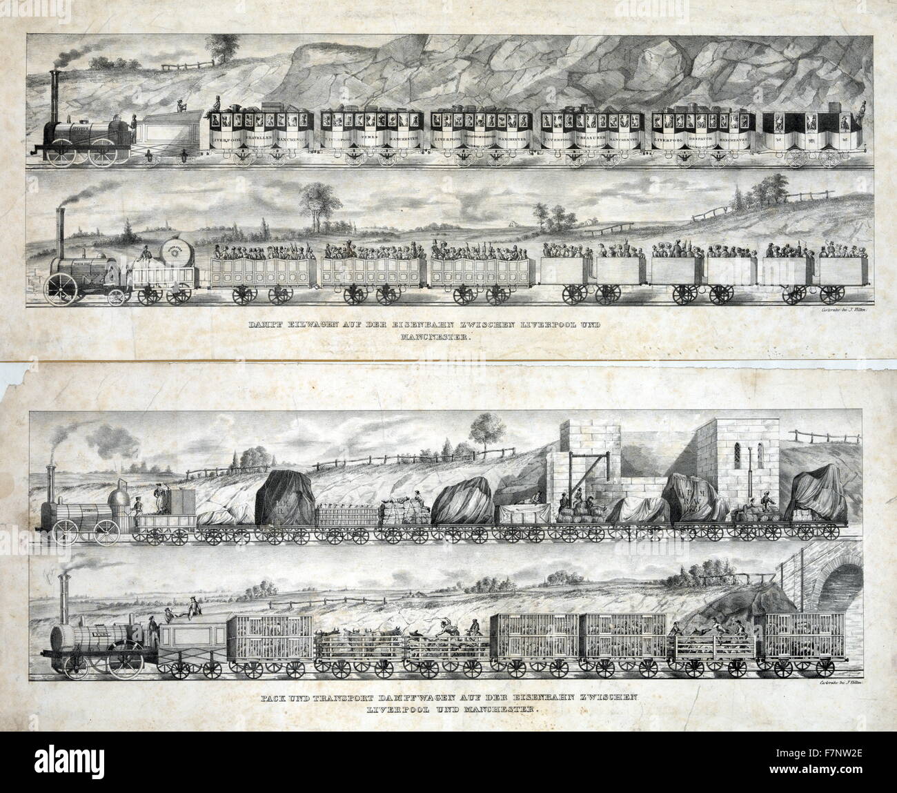 Drucken Sie mit zwei Ansichten von Personenzügen der die Liverpool and Manchester Railway Company, mit geschlossenen und offenen Pkw Autos, gezeichnet von Dampflokomotiven zwischen Liverpool und Manchester, England. Stockfoto