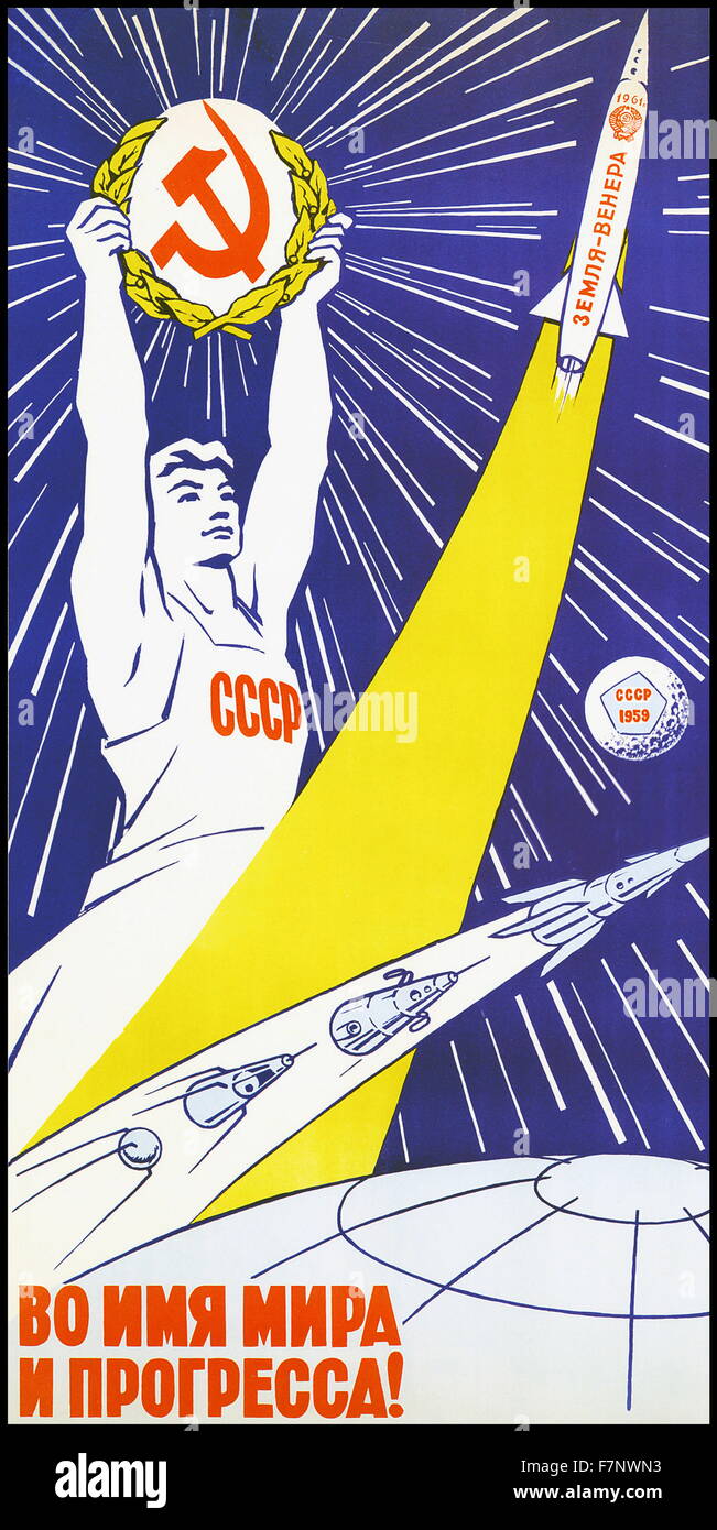 Propagandaplakat der sowjetischen Raum-Programm 1959 Stockfoto