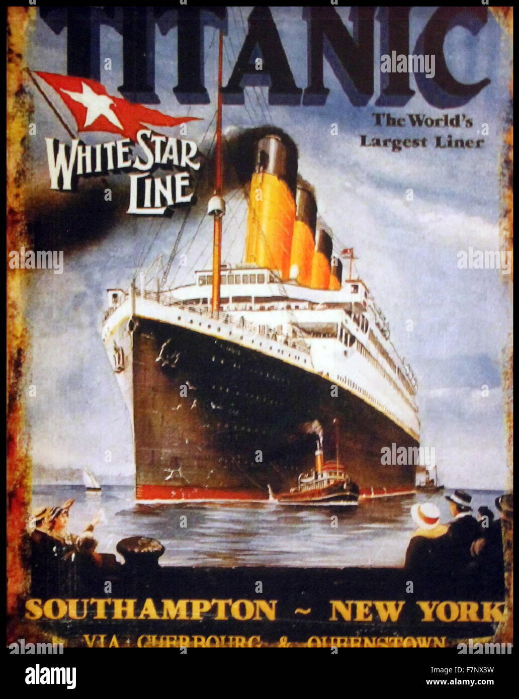 Plakat für die RMS Titanic, ein britisches Passagierschiff, das in den frühen Morgenstunden des 15. April 1912 nach einer Kollision mit einem Eisberg während ihrer Jungfernfahrt von Southampton, UK, nach New York City, uns in den Nordatlantik sank. Der Untergang führte zum Verlust von mehr als 1.500 Passagiere und Besatzungsmitglieder, Stockfoto