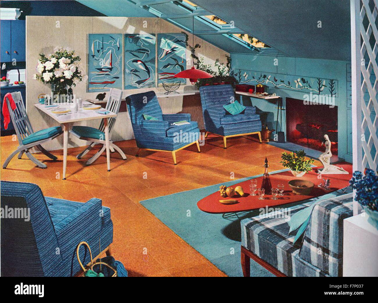 1955 eine amerikanische Designer Haus Wohnzimmer Interieur. Stockfoto