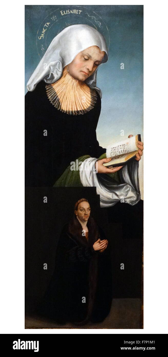 Gemälde mit dem Titel "St. Elisabeth mit der Duke George von Sachsen als Spender" von Lucas Cranach des älteren (1472-1553) deutsche Renaissance-Maler, Grafiker und Kupferstecher Hofmaler des Kurfürsten von Sachsen. Datiert aus dem 16. Jahrhundert Stockfoto Gemälde mit dem Titel "St. Elisabeth mit der Duke George von Sachsen als Spender" von Lucas Cranach des älteren (1472-1553) deutsche Renaissance-Maler, Grafiker und Kupferstecher Hofmaler des Kurfürsten von Sachsen. Datiert aus dem 16. Jahrhundert Stockfoto