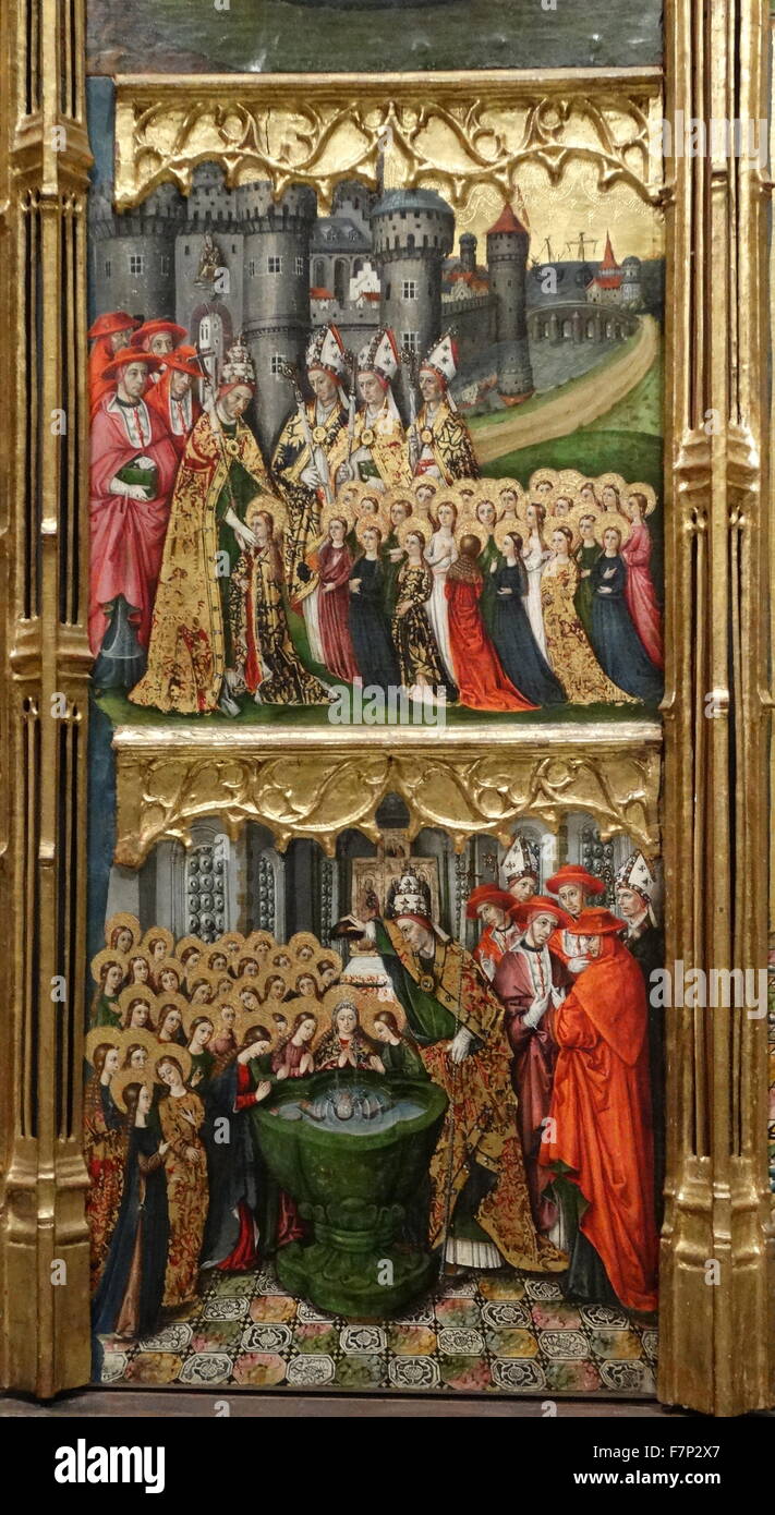 Detail aus das Altarbild der heiligen Ursula und die Elftausend Jungfrauen vom spanischen Maler Joan Reixach (1411-1486) und Miniaturist. Vom 15. Jahrhundert Stockfoto