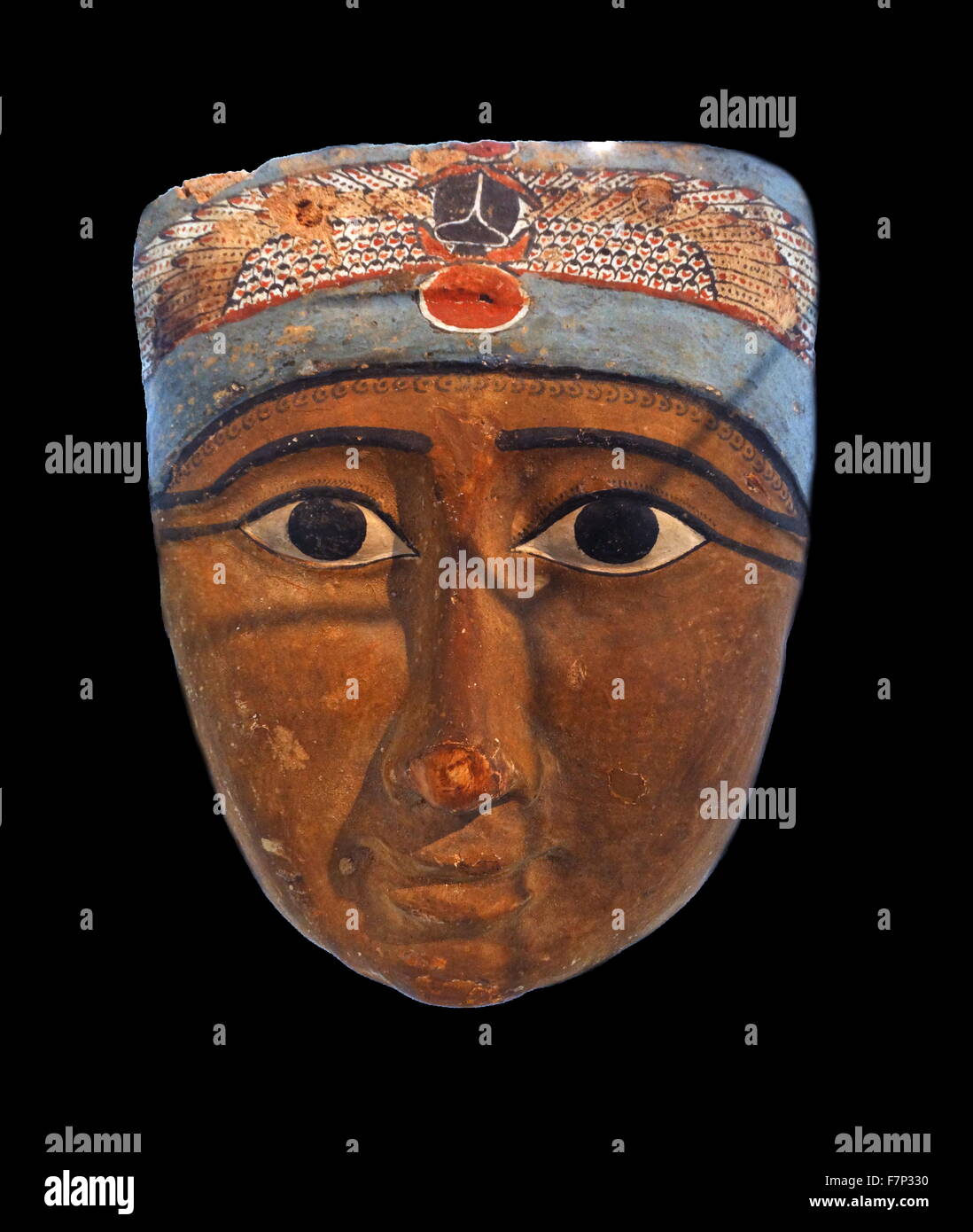 Alte ägyptische Gesicht aus einem Sargdeckel. Holz. Spätzeit (715-332 v. Chr.). Stockfoto