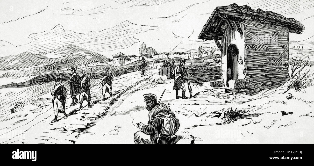 Dritter Carlist Krieg (1872-1876). Baskisches Land. Guipúzcoa. Stadt Elgueta von der alten Straße von Vergara. Zeichnung von Pellicer und Kupferstich von Rico. Die spanischen und amerikanischen Illustration, 1876. Stockfoto