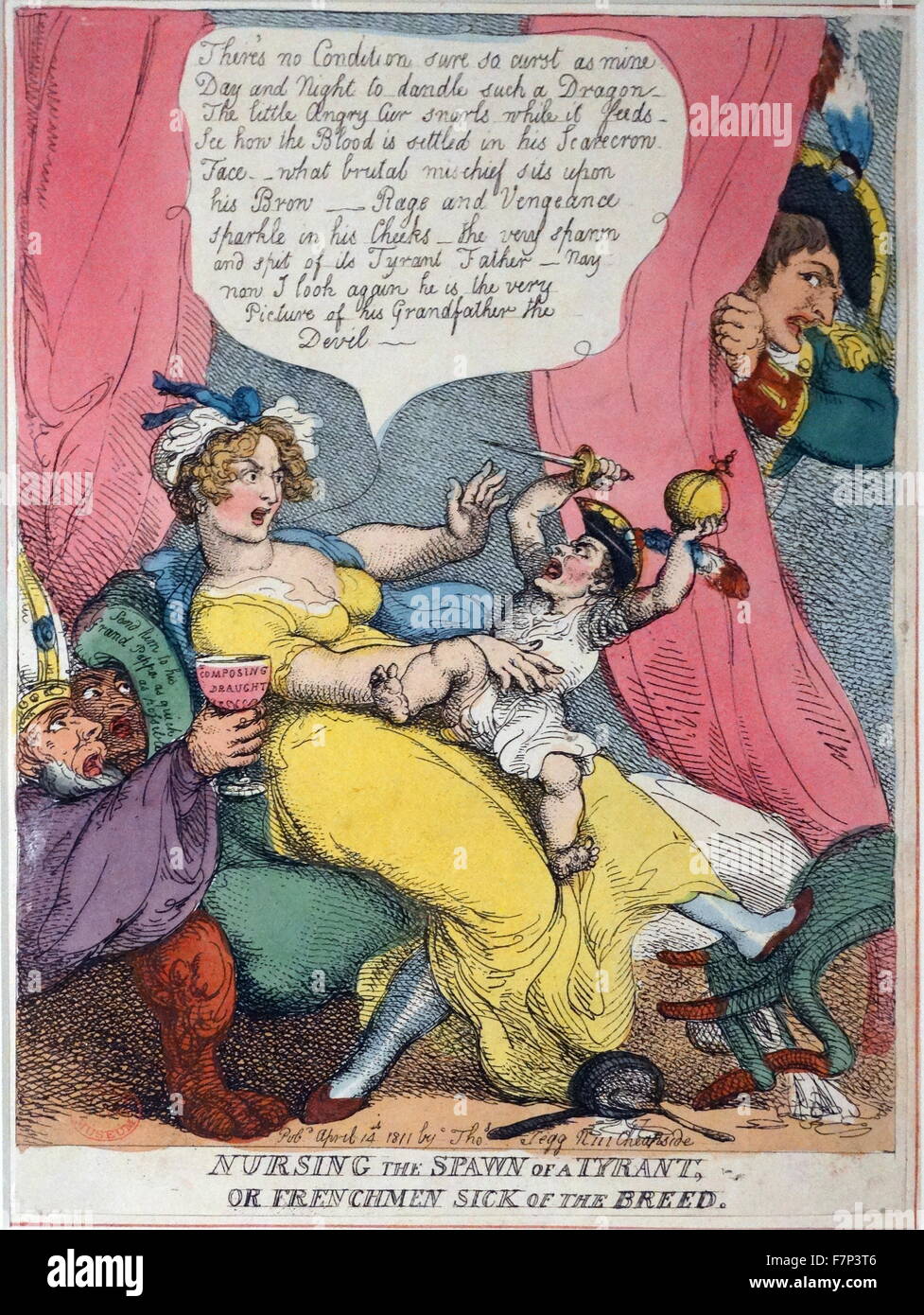 Handkolorierten Radierung mit dem Titel "Pflege die Brut eines Tyrannen" von Thomas Rowlandson (1757-1827), britischer Maler und Karikaturist. Rowlandson erstellt eine grobe Vorstellung von was es sein würde, wie Napoleons Erben bringen. Vom Jahre 1811 Stockfoto