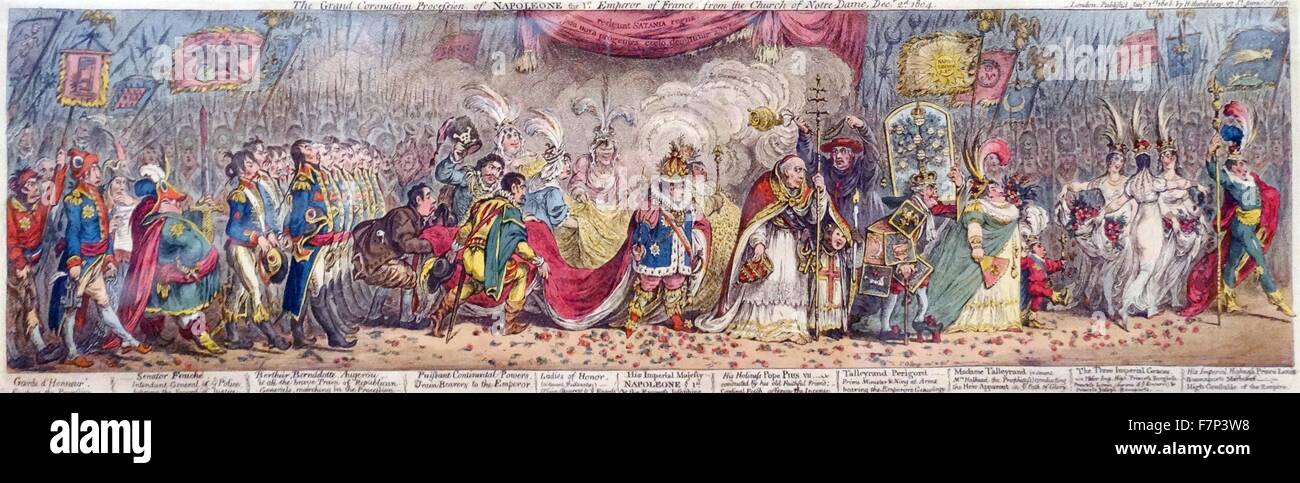 Handkolorierten Radierung mit dem Titel "The Grand Krönung Prozession von Napoleon der 1. Kaiser von Frankreich aus der Kirche von Notre Dame" von James Gillray (1751-1815) englische Karikaturist und Grafiker berühmt für seine geätzten politischen und gesellschaftlichen Satiren. Datiert 1803 Stockfoto