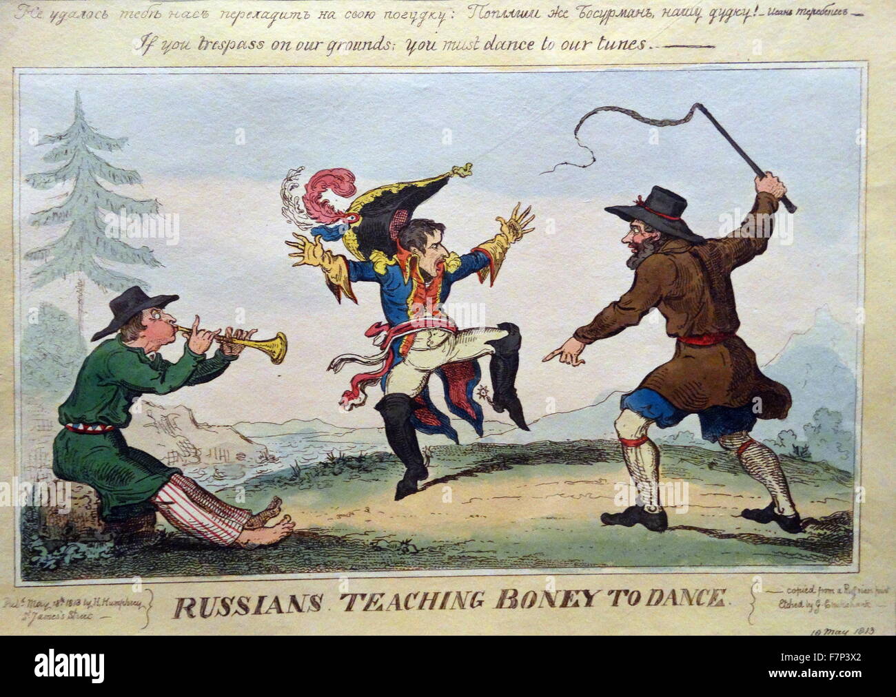 Handkolorierten Radierung mit dem Titel "Russen Lehre Boney Tanz" vom russischen Künstler Ivan Ivanovitch Terebenev (1780-1815). Datierte 1813 Stockfoto