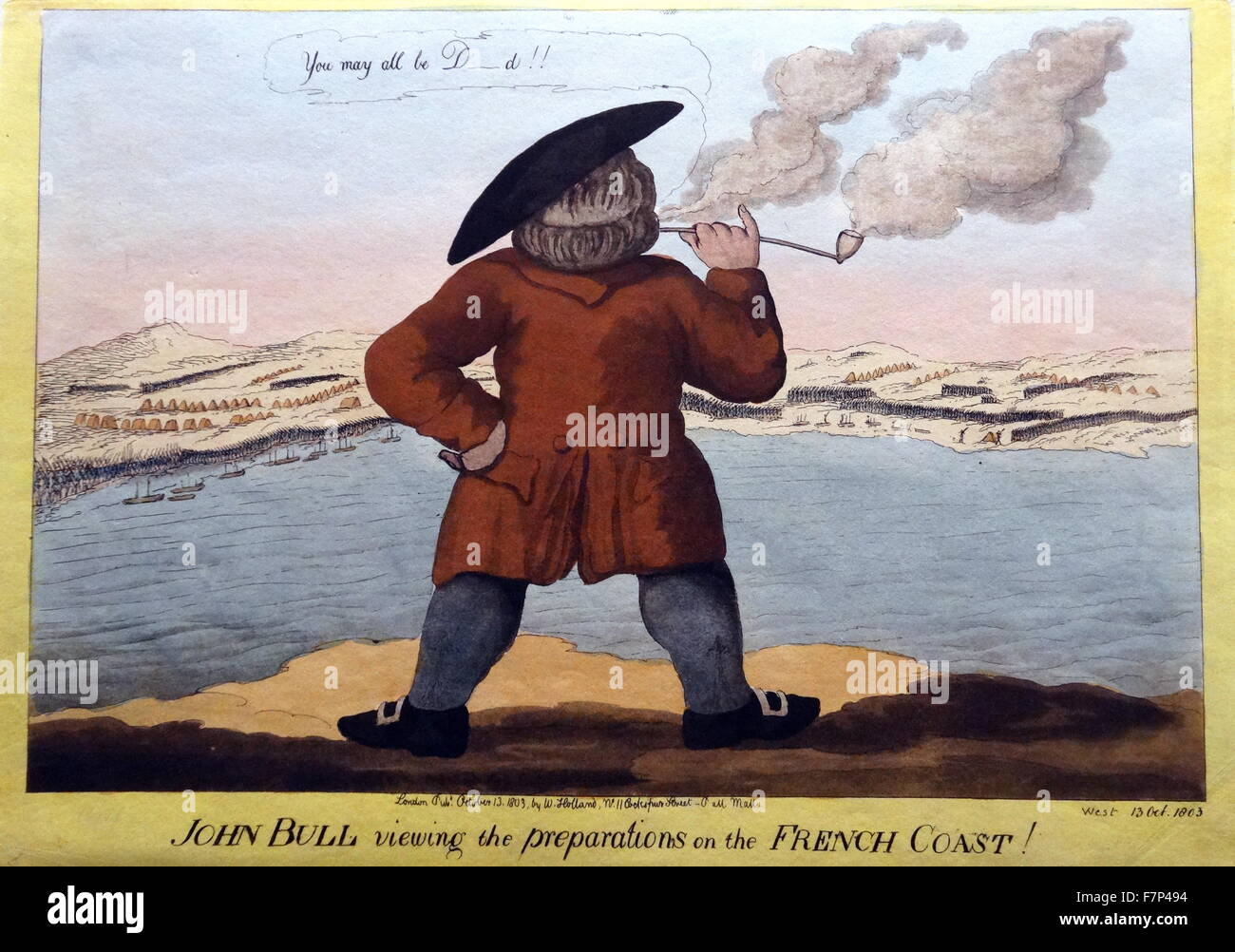 Handkolorierten Radierung und Aquatinta von William Holland veröffentlicht mit dem Titel "John Bull anzeigen die Vorbereitungen an der französischen Küste". Datiert 1803 Stockfoto