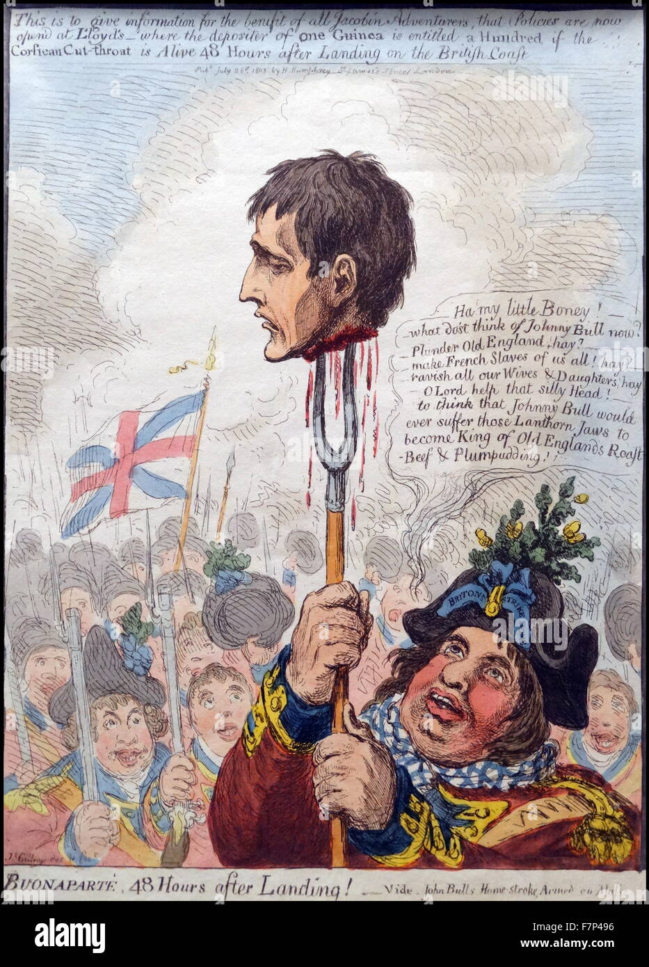Handkolorierten Radierung mit dem Titel "Bonaparte, 48 Stunden nach der Landung" von James Gillray (1751-1815) englische Karikaturist und Grafiker berühmt für seine geätzten politischen und gesellschaftlichen Satiren. Datiert 1803 Stockfoto