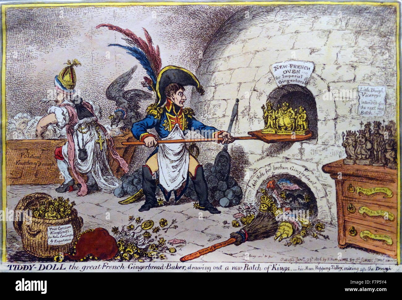 Handkolorierten Radierung mit dem Titel "Tiddy-Doll, der große Französisch-Lebkuchen-Bäcker von James Gillray (1756-1815) englische Karikaturist und Grafiker berühmt für seine geätzten politischen und gesellschaftlichen Satiren. Vom Jahre 1806 Stockfoto