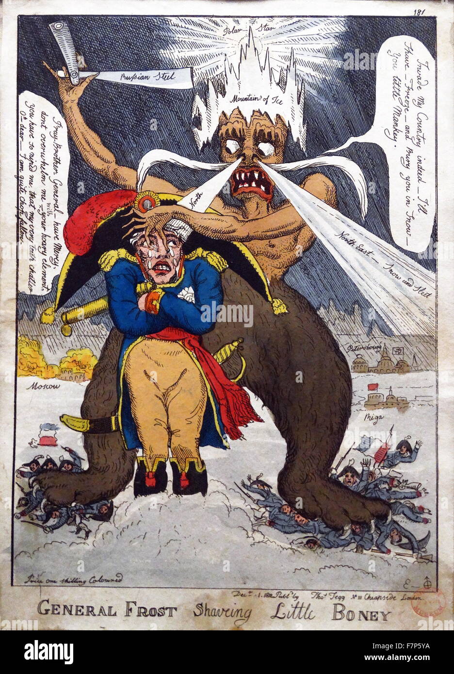 Handkolorierten Radierung betitelt "General Frost rasieren kleine Boney" britischen Künstlers William Elmes (aktive 1804-16). Datiert 1812 Stockfoto