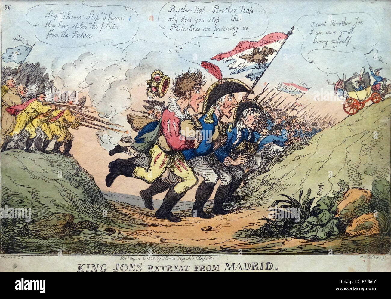 Handkolorierten Radierung mit dem Titel "König Joe Rückzug aus Madrid" von Thomas Rowlandson (1757-1827), britischer Maler und Karikaturist. Vom Jahre 1808 Stockfoto