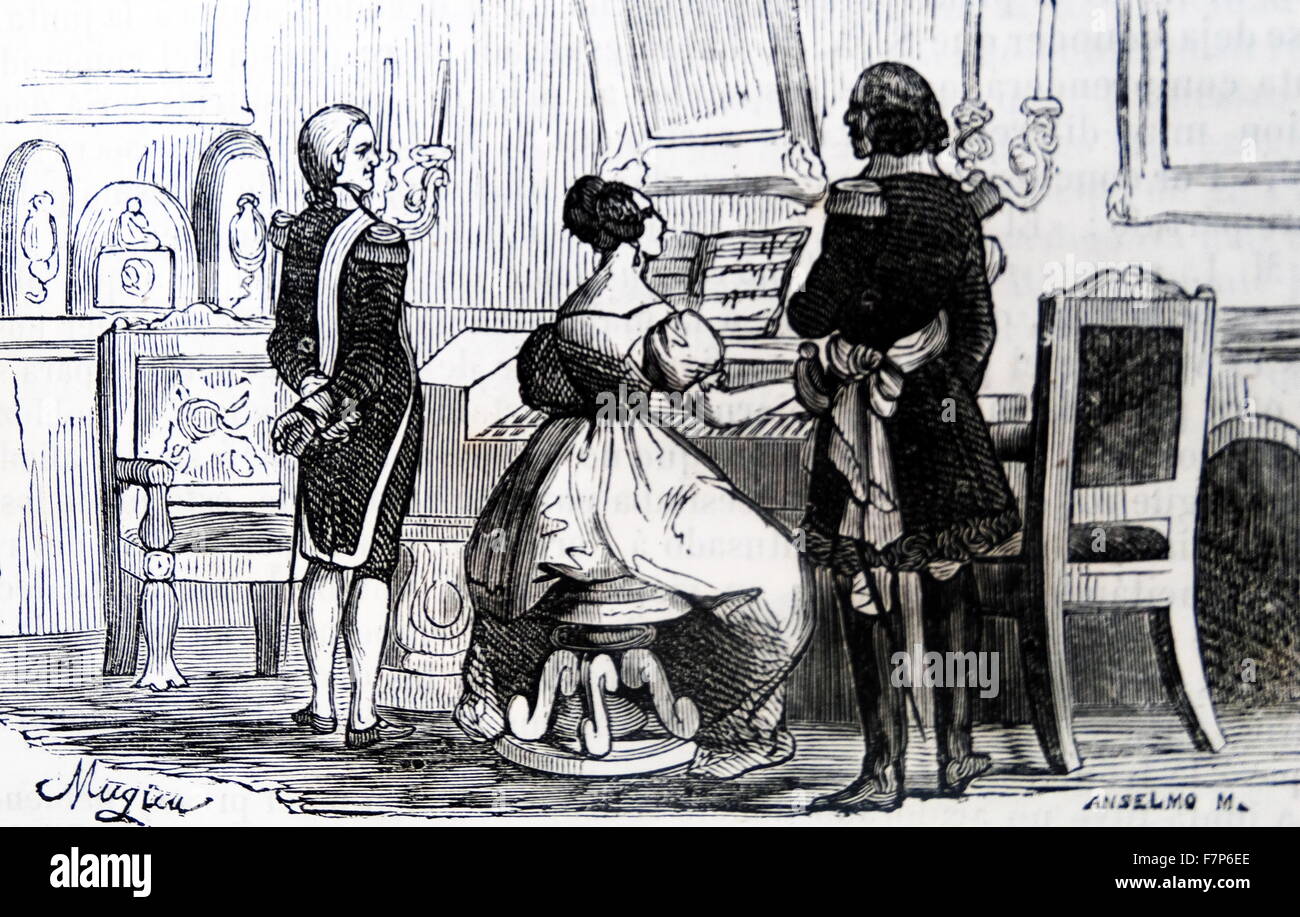 Gravur mit Maria Luisa von Spanien, Herzogin von Lucca (1782-1824) Klavier zu spielen. Datiert 1803 Stockfoto