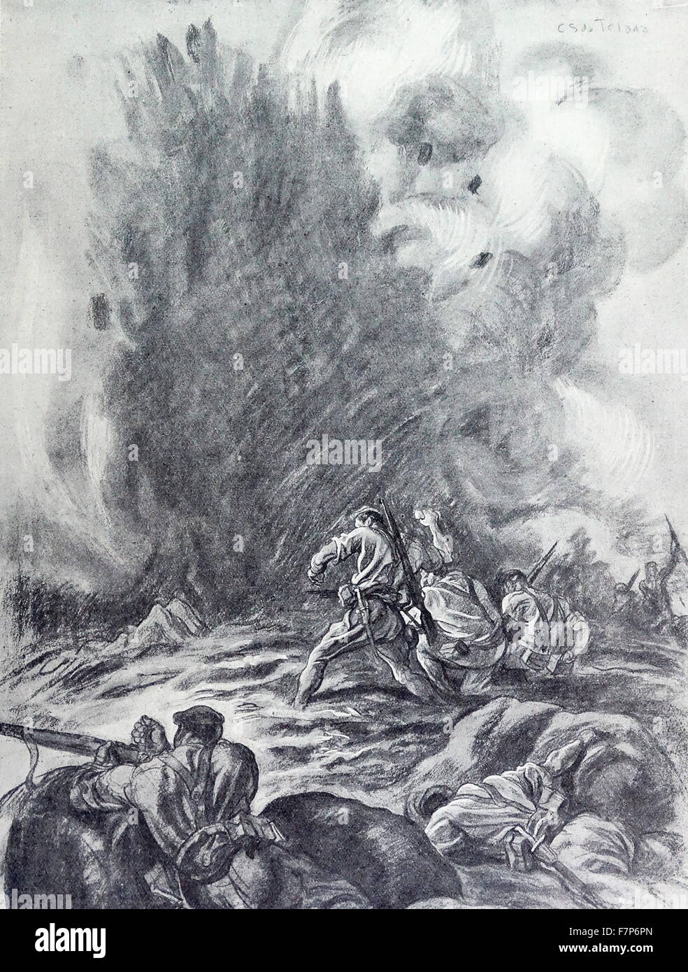 Fortschritt der nationalistischen Soldaten unter Beschuss, Illustration aus dem spanischen Bürgerkrieg Stockfoto
