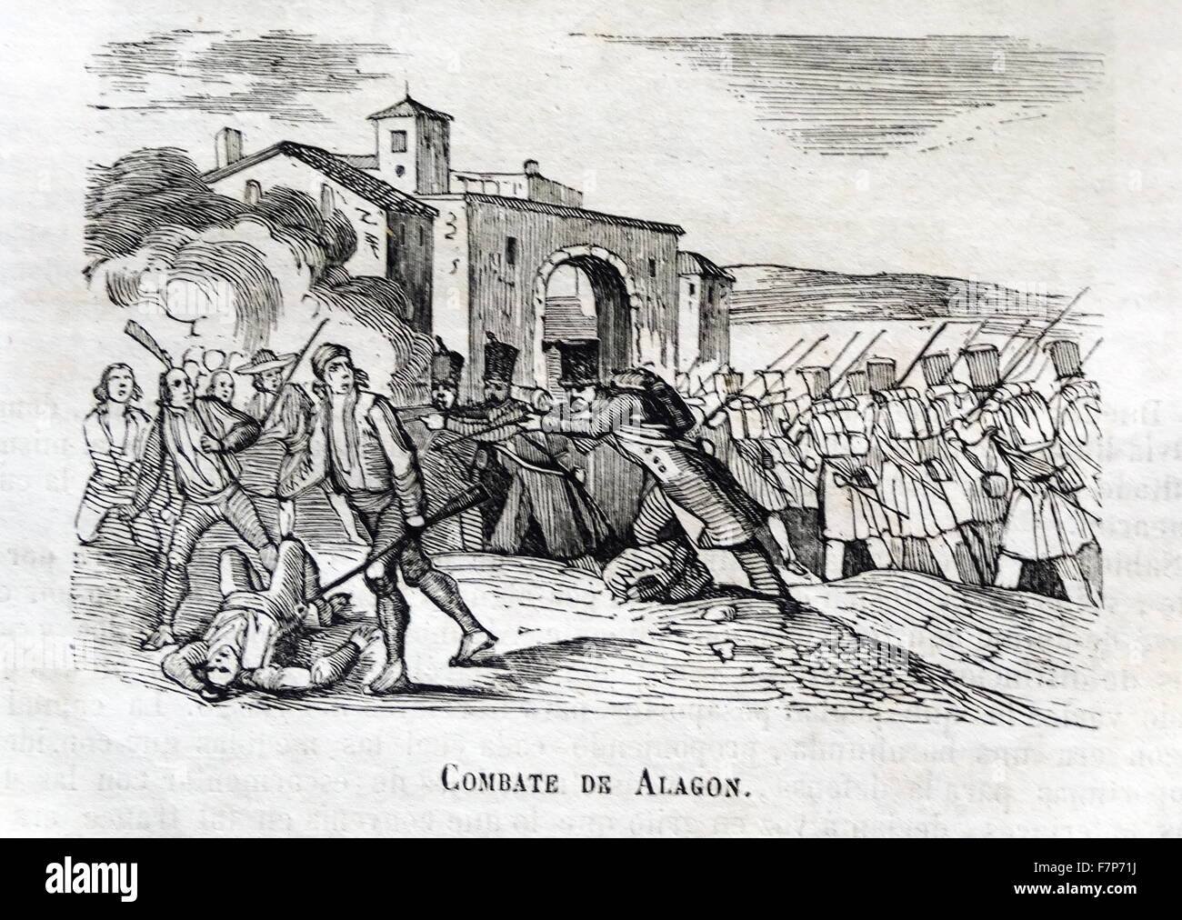 Gravur, die Darstellung des Kampfes in Alagón, Zaragoza während der ersten Belagerung von Saragossa, ein blutiger Kampf in Halbinselkrieg (1807 – 1814) Stockfoto