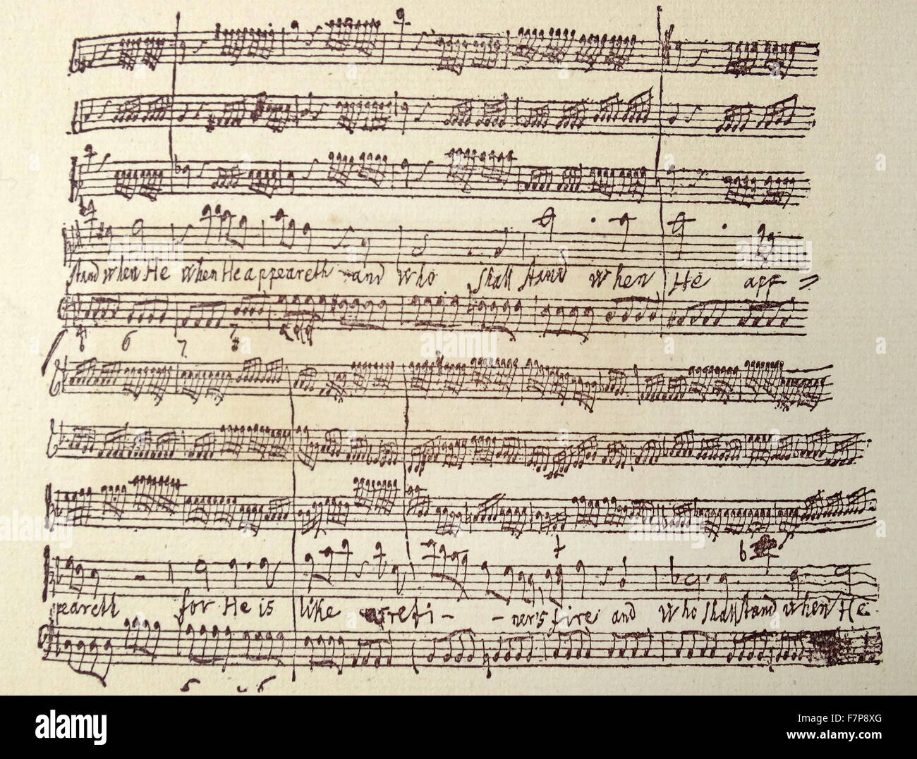 Faksimile einer Seite von einer original-Partitur von "The Massiah" von Händel. Stockfoto