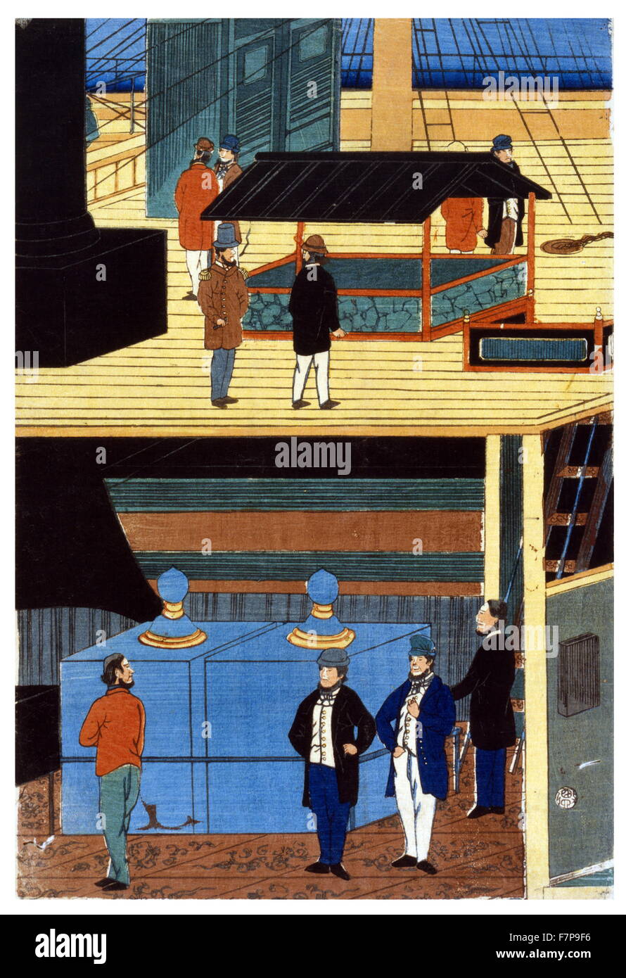 Farbe, Holzschnitt, print, Plakat, zeigt das Innere eines amerikanischen Dampfer von Yoshikazu Utagawa. Der Künstler war aktiv von 1848-1863. Das Plakat zeigt eine Querschnittsansicht eines amerikanischen Dampfer mit einer Gruppe von Passagiere sitzen an einem Tisch unter Deck zu den Mahlzeiten, zeigt auch Aktivitäten an Deck. Stockfoto