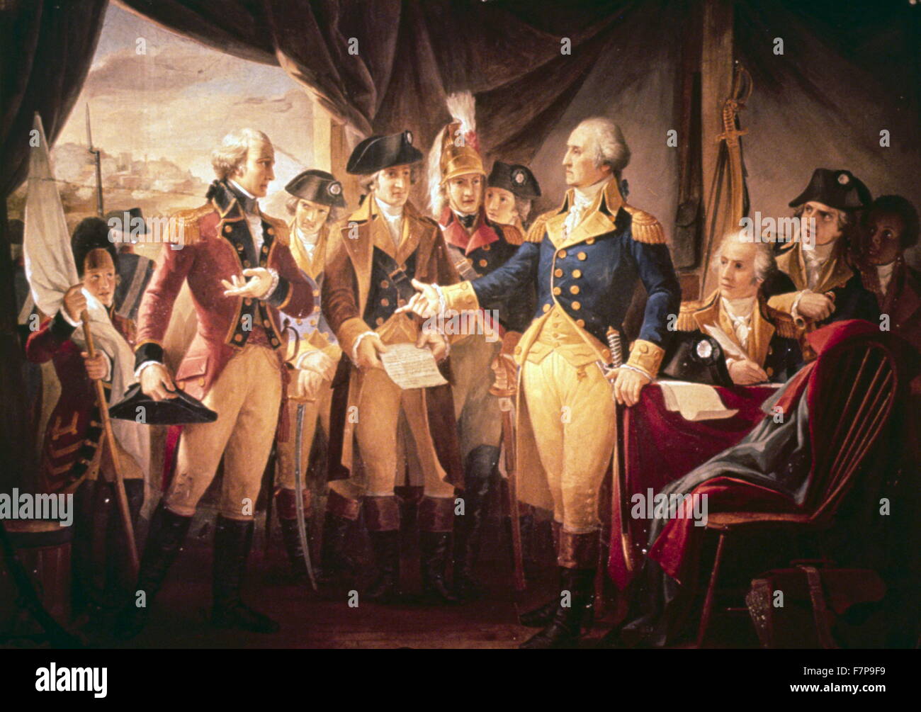George Washington (1732-1799) mit britischen Soldaten in Yorktown. Stockfoto