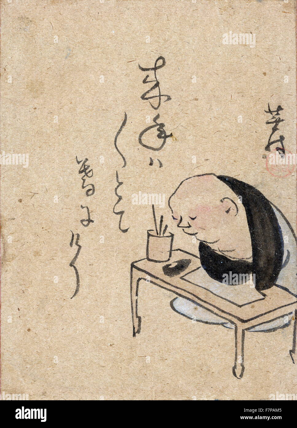 Zeichnung eines Mannes oder Mönch sitzen an einem Tisch, stützte sich auf seine Arme, möglicherweise einschlafen zu meditieren. Stockfoto
