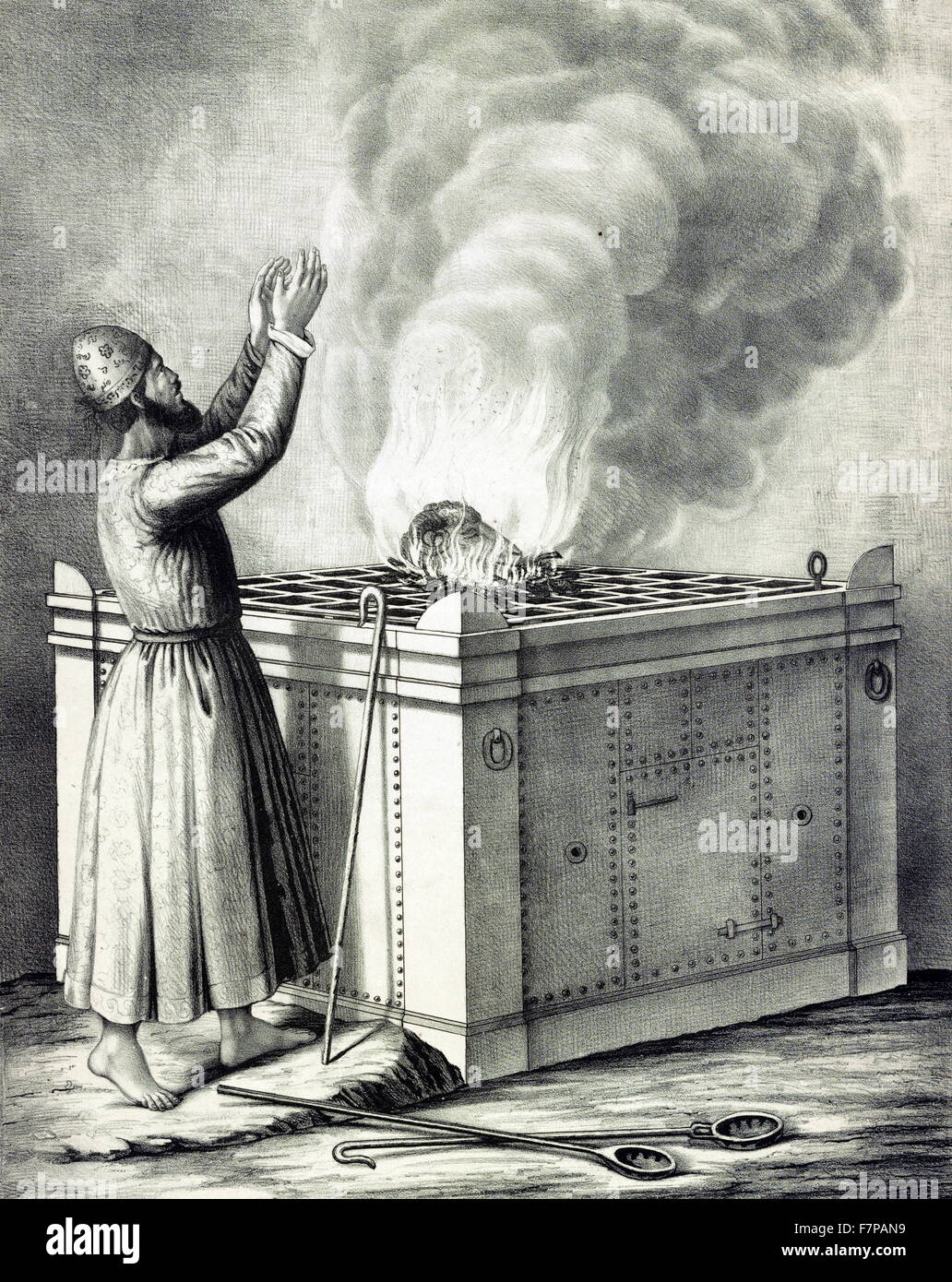 Brandopferaltar. Exodus Xxvii, von John Henry Camp (1822-1881). Lithographie, Druck der Priester steht vor einem Priester steht vor einem großen Altar mit einem Grill auf die ein Widderkopf durch Flammen verbraucht wird. Stockfoto