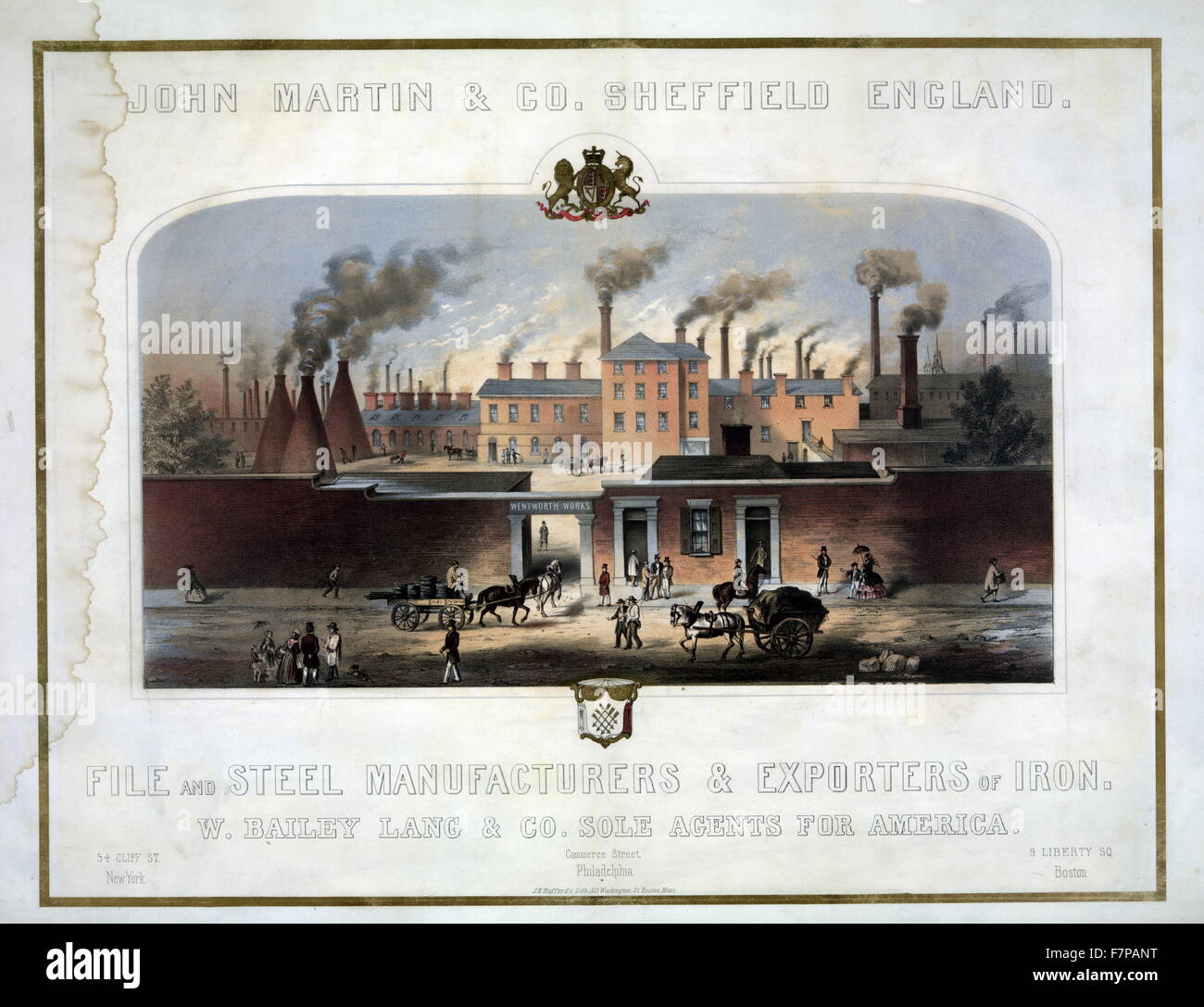 John Martin & Co., Sheffield, England. Datei und Stahl Hersteller und Exporteure von Eisen. W. Bailey Lang & Co. alleiniger Vertreter für Amerika, J.H. Bufford Lith, Boston, Massachusetts Lithographie Farbdruck Wentworth Werke, mit belebten Straßenszene im Vordergrund. Stockfoto