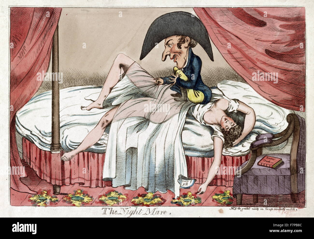 Farbe-Radierung mit dem Titel "The Nightmare". Diese Karikatur zeigt eine spärlich bekleidete Frau schläft auf einem Bett, ein kleiner Mann sitzt auf der Brust ziehen wieder ihre See-through-Abdeckungen als eines ihrer Arme hängt bis zum Boden in der Nähe von einem Nachttopf darauf geschrieben... "Quelle des Nils" und ein Buch auf einem Stuhl ist mit dem Titel Bruce reisen. Stockfoto