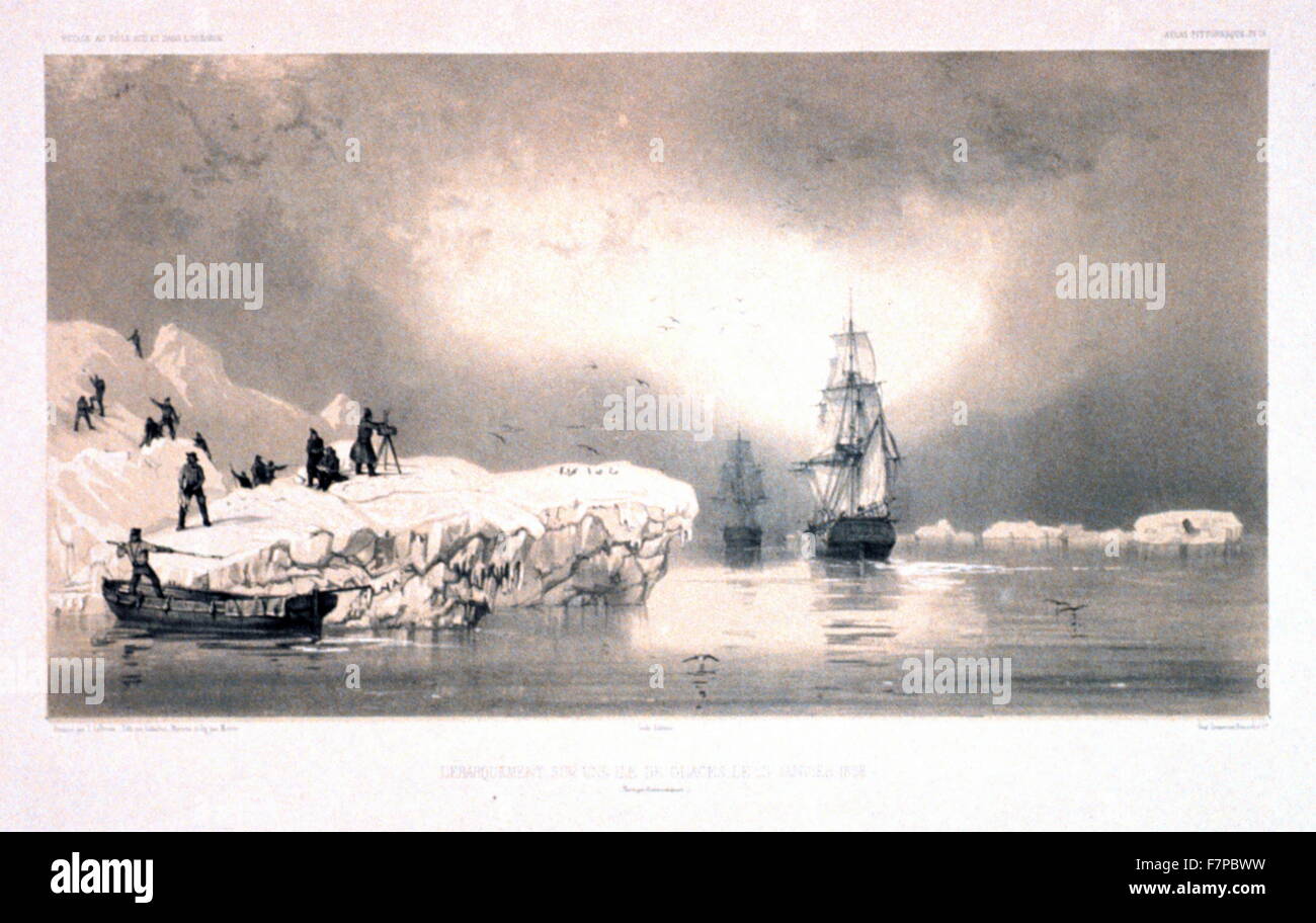 Disembrcation von der arktischen Exploration Schiffe 1838. Antarktis Exploration dargestellt "Voyage au Pole Sud et Dans l'Oceanie." Das französische Schiff im Eis 1842 L'Astrolabe stecken Stockfoto
