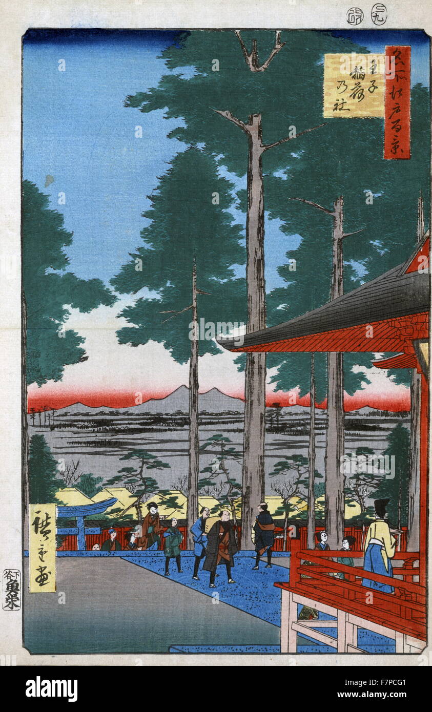 Holzschnitt-Abbildung zeigt japanischer Verehrer Oji Inari Schrein angekommen. Stockfoto