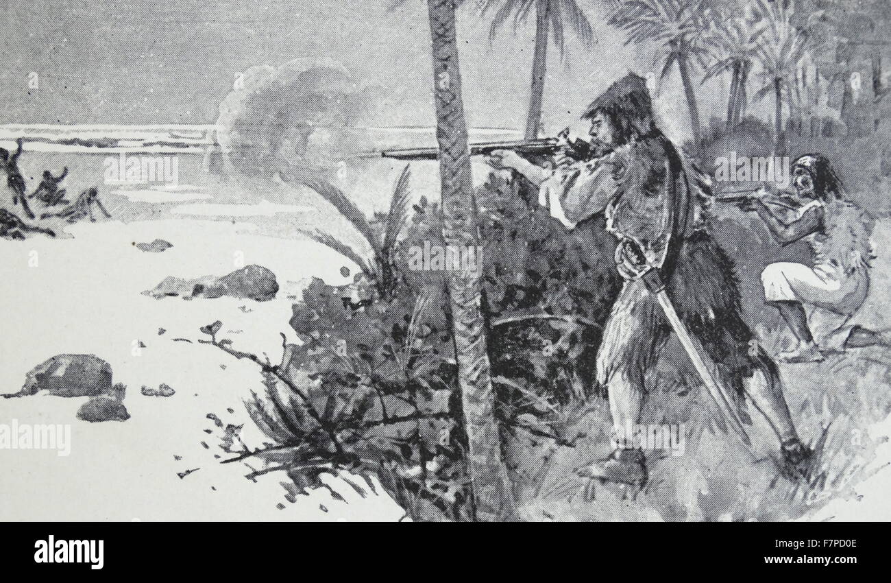 Illustration aus einer Ausgabe des neunzehnten Jahrhunderts von "Robinson Crusoe" ein Roman von Daniel Defoe. Das Buch erschien erstmals am 25. April 1719. Es erzählt die Geschichte von Robinson Crusoe, für 28 Jahre und seine anschließende Kampf ums Überleben auf einer einsamen Insel gestrandet. Stockfoto
