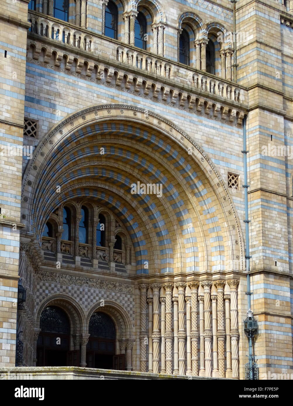 Außenseite des Natural History Museum in London, gebaut und von 1881 eröffnet. Das Gebäude verfügt über eine reich verzierte Terrakotta-Fassade von Gibbs und Canning Limited typisch für hohe viktorianische Architektur. Die Terrakotta-Formteile repräsentieren die vergangene und Gegenwart Vielfalt der Natur. Datierte 2015 Stockfoto