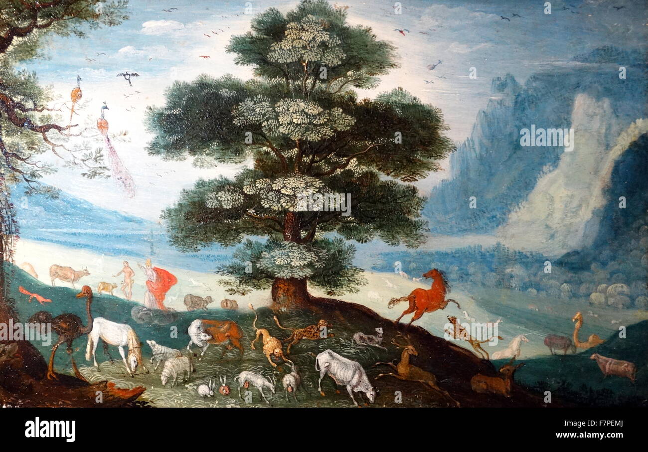 Landschaft mit Tiere in die Arche; Kreis von Roelandt Savery (1576-1639), Öl auf Kupfer Stockfoto