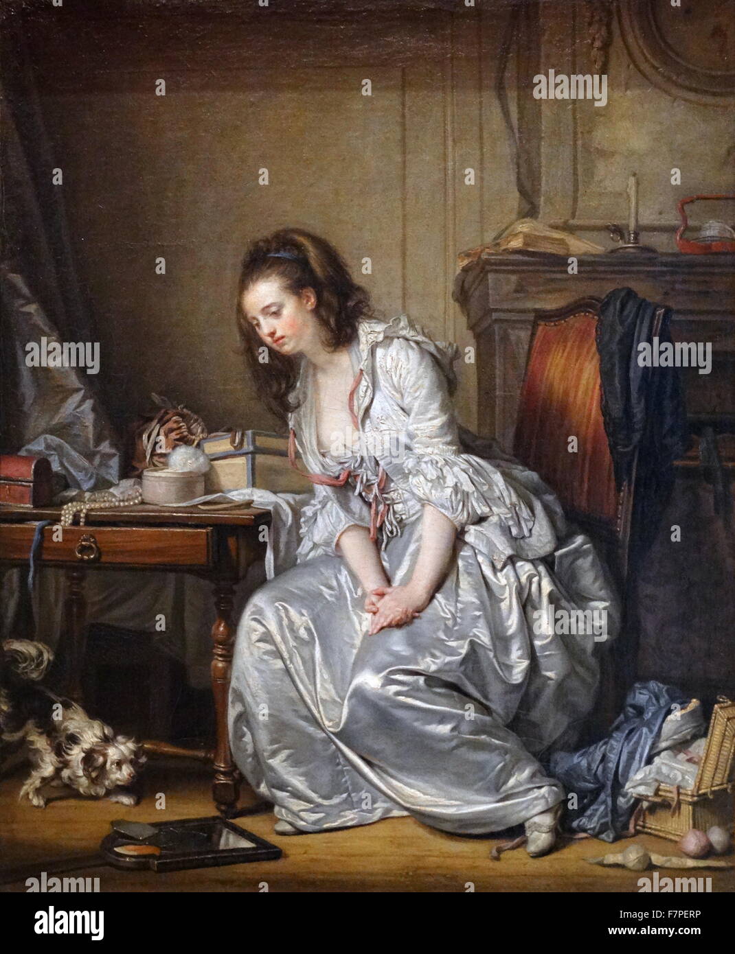 Gemälde mit dem Titel "The Broken Mirror" vom französischen Maler Jean-Baptiste Greuze (1725-1805) von Porträts, Genreszenen und Historienmalerei. Vom 18. Jahrhundert Stockfoto