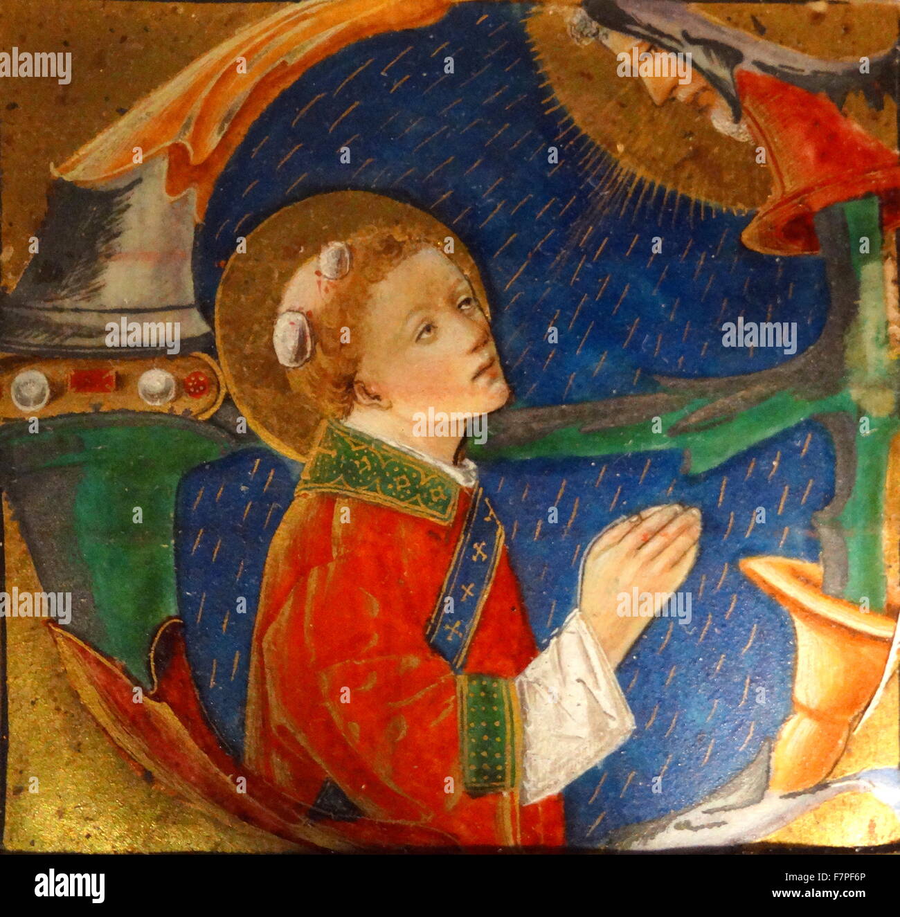 Der Buchstabe "E" aus eine illuminierte Handschrift St Stephen darstellt. Mit Gold und Silber auf Pergament gemalt. Vom 15. Jahrhundert Stockfoto