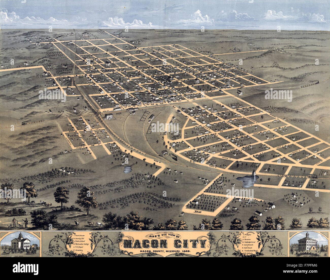Farbe drucken von Macon Stadt, Macon County, Missouri. Datiert 1869 Stockfoto